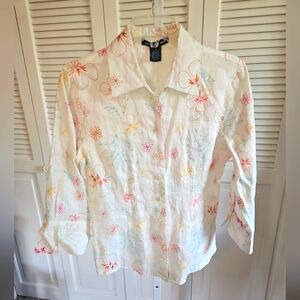 Saint Tropez West Linen Top Medium Button Front 3/4 Sleeve White NWT Embroidered